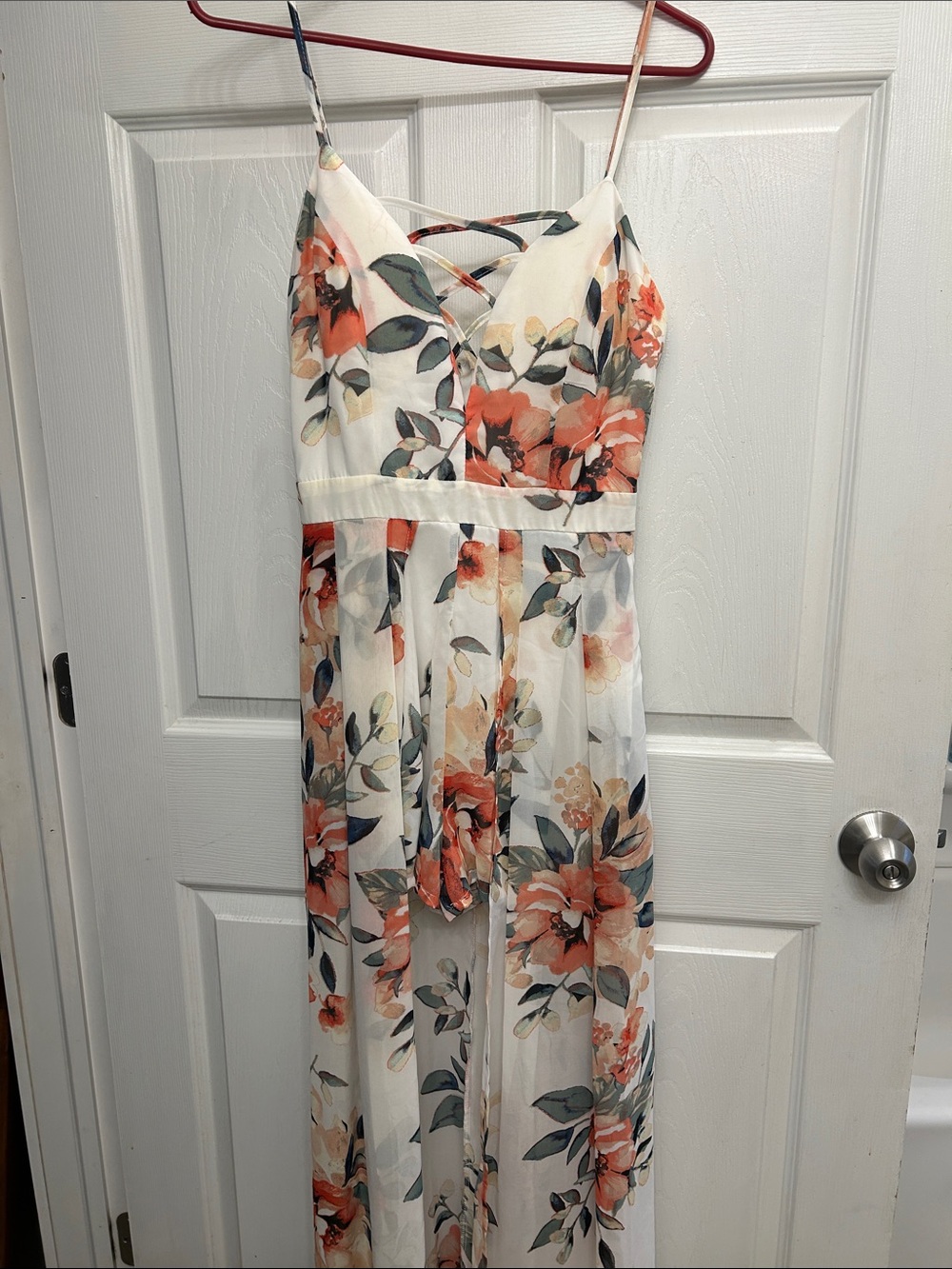 Mind Code White Floral Maxi Jumpsuit with Orange Blooms